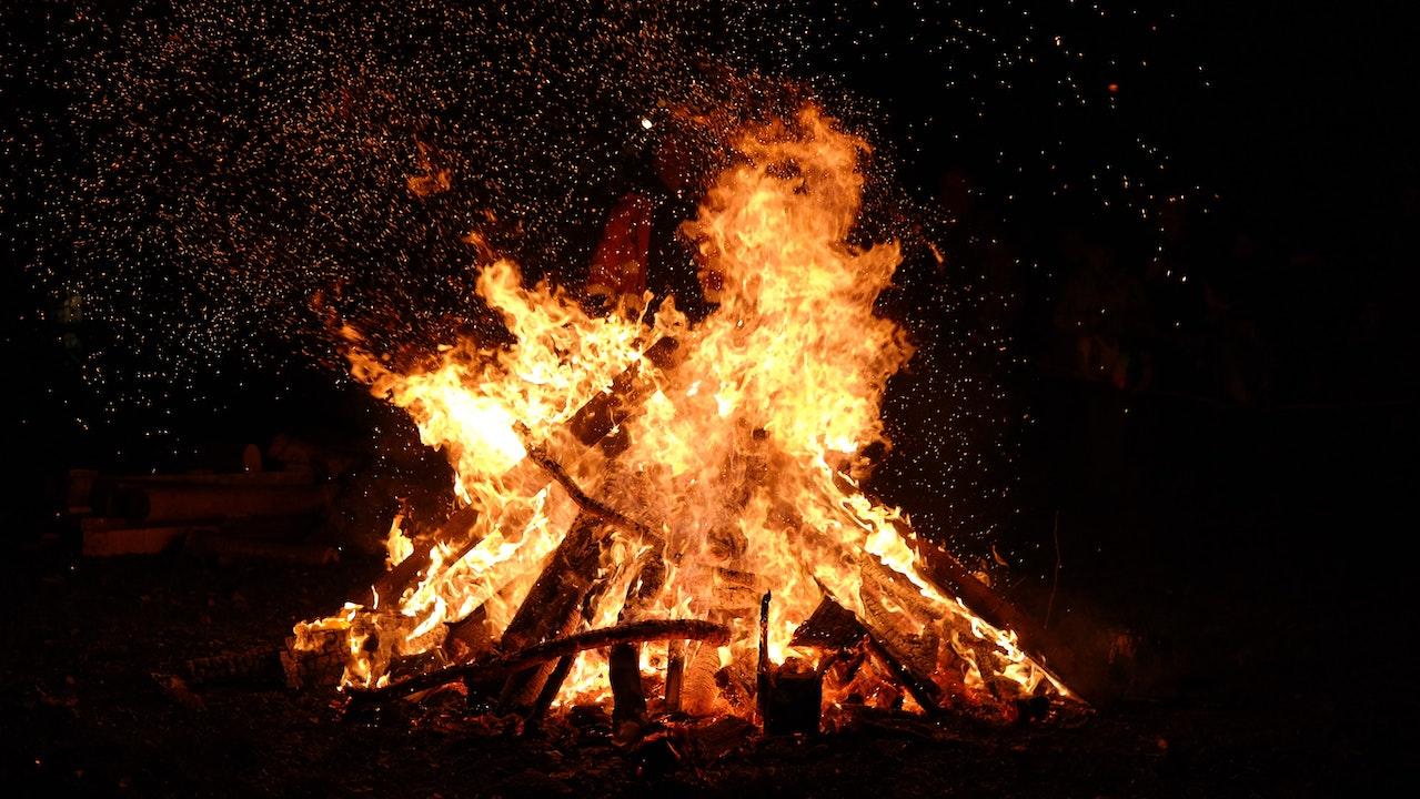 A lit bonfire on bonfire night.