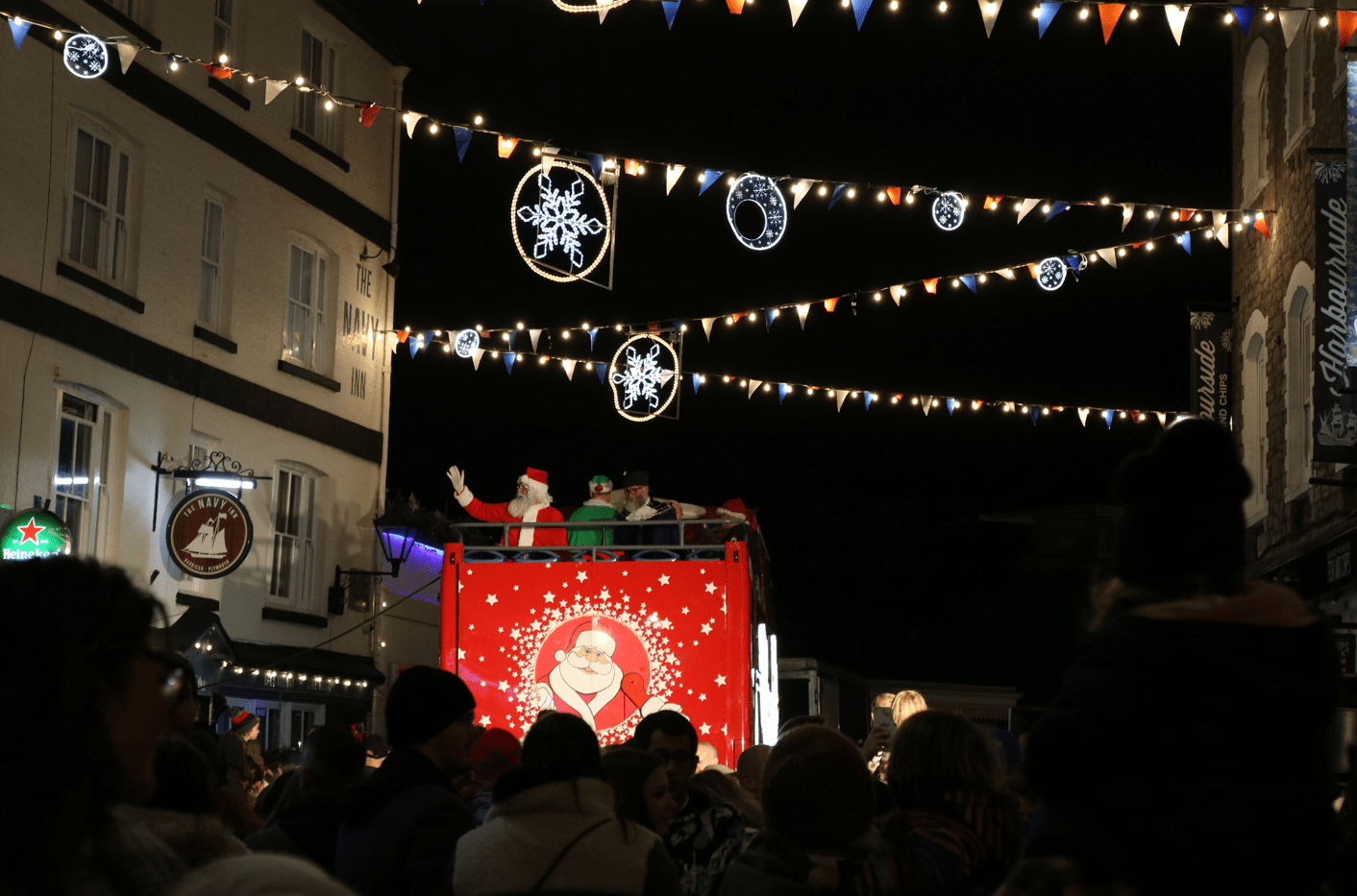 Father Christmas on a bus at the Barbican Christmas Lights Switch-on