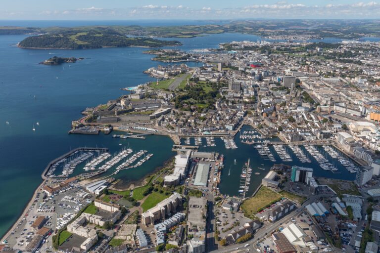 Aerial view of Sutton Harbour Marina and Sutton Lock on the Barbican, Plymouth